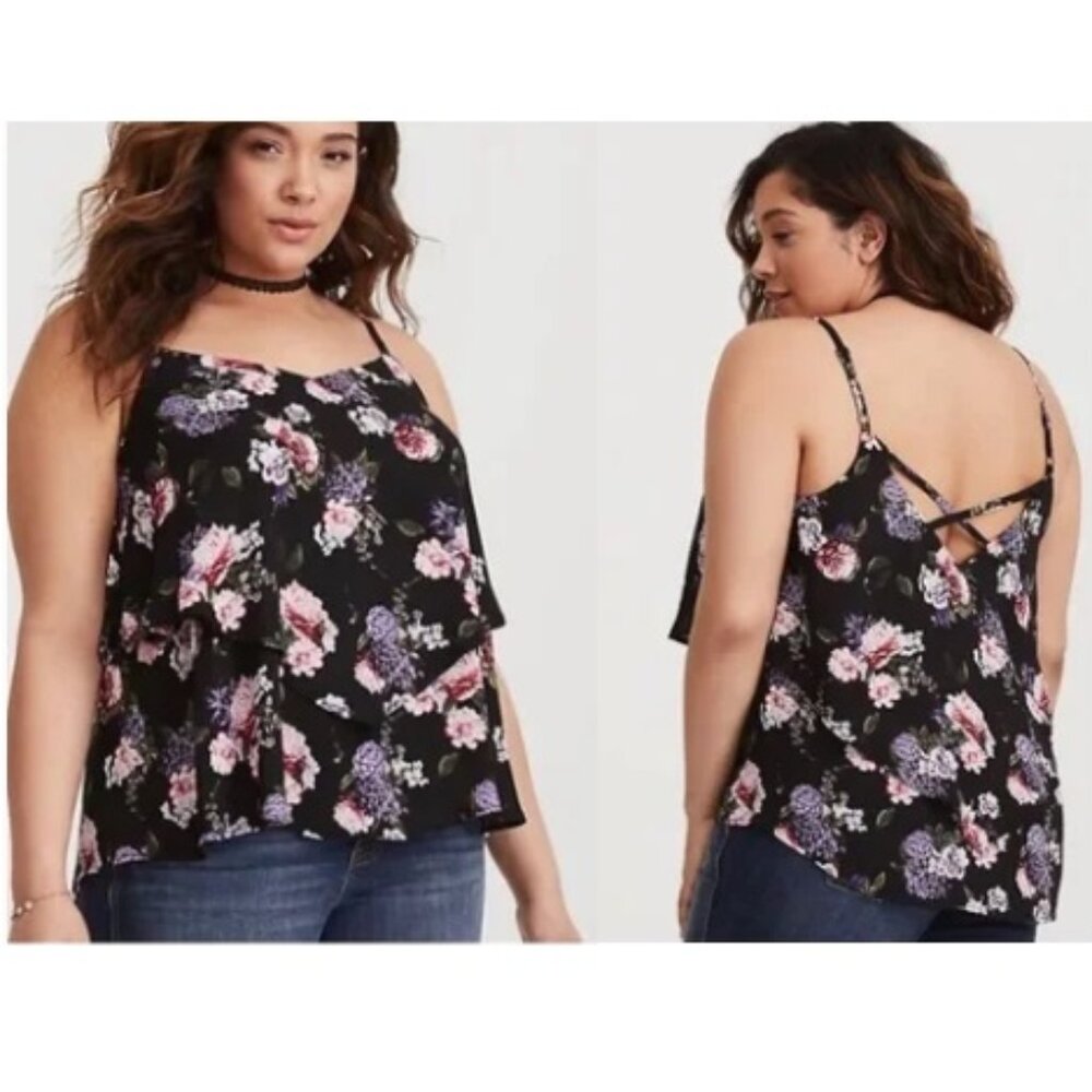 Torrid Handkerchief Cami Tank Top Blouse Black Floral Tiered Criss Cross Size 2X